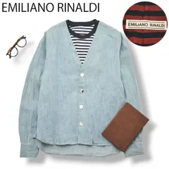 【シェルボタン】 イタリア製 エミリアーノ リナルディ EMILIANO RINALDI Vネック ノーカラー デニム シャツ ジャケット 46 インディゴ アメカジ ナチュラル レディース
