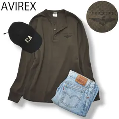 【美品】 【定番】 アヴィレックス AVIREX ヘンリーネック ロンT Tシャツ プリント ロゴ カットソー L ブラウン アメカジ ストリート カジュアル メンズ 男性用