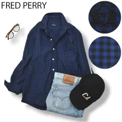 【月桂樹ロゴ】 フレッドペリー FRED PERRY 長袖 ギンガムチェック シャツ トラッド カジュアル S ブルー 青 x ブラック 黒 アメカジ メンズ 男性用