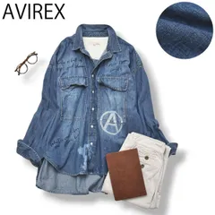 アヴィレックス AVIREX 長袖 メッセンジャー プリント デニム ワークシャツ L インディゴ アメカジ ストリート カジュアル メンズ