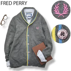 【月桂樹】 フレッドペリー FRED PERRY ショールカラー ニット カーディガン 羽織り ジャケット M 灰 x 青 x 黄色 刺繍ロゴ トラッド 大人カジュアル メンズ