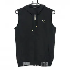 【超美品】プーマ フード付きアウターベスト ダークグレー ボーダー織生地 ロゴ レディース XL ゴルフウェア PUMA