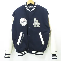 【三重本店】 中古 NEW ERA | ニューエラ × Dodgers ドジャーズ ヴァ―シティジャケット(バーシティジャケット)  スタジャン ロゴワッペン中綿ジャケット ネイビー サイズ：L(EU) 【95】