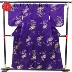 【中古】 小紋 正絹 パープル お召 バチ襟 モダン 和装 呉服 和服 きもの レディース 女性