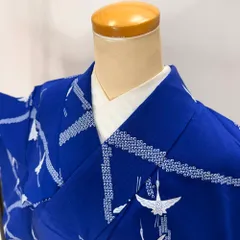 小紋 単衣 洗える着物 裄64.2cm 身丈162.5cm 青 花柄 お洒落着 普段着 ポリエステル 美品 M サイズ 5264