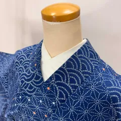 小紋 単衣 洗える着物 裄64.2cm 身丈156cm 青 花柄 お洒落着 普段着 ポリエステル 美品 M サイズ 5265