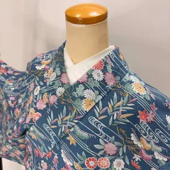 小紋 単衣 洗える着物 裄64.5cm 身丈162.5cm 青 グレー 花柄 お洒落着 普段着 ポリエステル 美品 M サイズ 5266