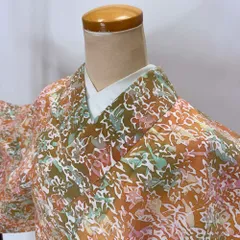 小紋 単衣 洗える着物 裄64.6cm 身丈148.2cm 茶色 花柄 お洒落着 普段着 ポリエステル 美品 M サイズ 5269