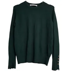 B1477 ザラ ZARA ニット セーター 長袖(M) 緑 無地 Uネック