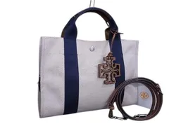 TORY BURCH トリーバーチ ハンドバッグ トリー ツイル スモール トート 135043 ナチュラル×ネイビー系 キャンバス レディース 2WAY ショルダーバッグ ゴールド金具 美品
