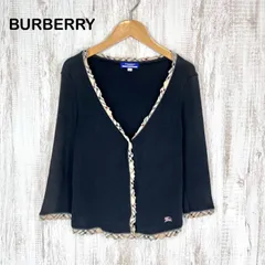 BURBERRY BLUE LABEL バーバリーブルーレーベル ホースロゴ刺繍 ノバチェックフリル Vネック 七分丈 カーディガン ブラック レディース トップス
