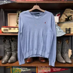 ポロ ラルフローレン ピマコットン Vネックニット セーター ぼかしブルー N723