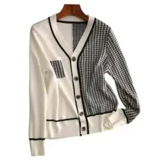 新品))ハウンドトゥース バイカラー ニットカーディガン