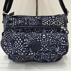 158　KIPLING　キプリング　ショルダーバッグ　 斜めがけ　紐調節可能　総柄　ネイビー系　 紺　ナイロン　軽量　レディース