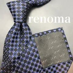 【美品】renoma ネクタイ小紋柄 総柄 ブラック ブルー 黒 青 シルク