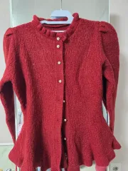 (新品)レッド パール ボタン ニット カーディガン