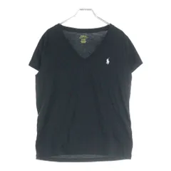 RALPH LAUREN (ラルフローレン) ワンポイントロゴ刺繍 Vネック 半袖Tシャツ カットソー ブラック 〇