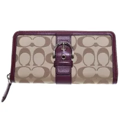 COACH (コーチ) シグネチャー ラウンドファスナー 長財布 ロングウォレット カードケース ワインレッド×ベージュ シルバー金具 キャンバス×レザー レディース