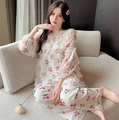 ルームウェア パジャマ レディース 上下セット パンツセット 長袖 薄手 ロングパンツ Vネック フリル レース チェリー サクランボ カップ付き 2点セット 新作