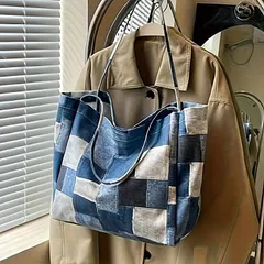 トートバッグ ショルダーバッグ レディース デニム パッチワーク キャンバス 大容量 カラーブロック ヴィンテージ風 おしゃれ 実用的 エレガント ファッショナブル