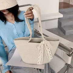 かごバッグ トートバッグ バスケットバッグ 手提げバッグ 麦わらバッグ ナチュラルバッグ レディース 大人可愛い フェミニン 夏 軽量 大容量 マチ広 お出掛け デート リゾート海砂浜 レースリボン