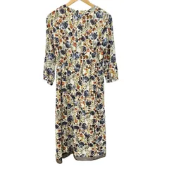 スーナウーナ ワンピース サイズ38 M レディース美品  - アイボリー×ダークネイビー×マルチ クルーネック/長袖/ロング/花柄/ウエストゴム