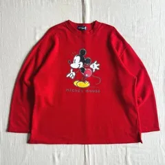 ～00s　archive　Old Disney　オールドディズニー　指差しミッキー　キャラクター　ロゴプリント　ボックスシルエット　スウェット　トレーナー　レッド　L　Y2K　C-BOY　アメカジ　mickey mouse print sweat shirt