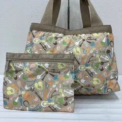 200　LeSportsac　レスポートサック　 トートバッグ　モリー　楽器　 鍵　食べ物　総柄　ベージュ系　 ナイロン　軽量　ポーチ付き　 レディース