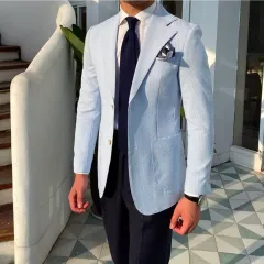 lusan シアサッカー ストライプ スーツ ジャケット mサイズ ブルー 新品