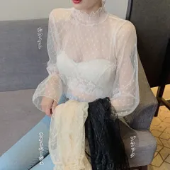 トップス フリルハイネック シアー ドット柄 シースルー 重ね着インナー レースブラウス 透け感シャツ 水玉 着やせ トランペットスリーブ 春 セクシー 肌見せ フェミニン 大人可愛い