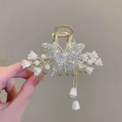 ヘアクリップ 髪留め ヘアアクセサリー バタフライ タッセル 大きめ まとめ髪 華やか ゴージャス エレガント 上品 キラキラ 可愛い 韓国 髪飾り パーティー ジュエリー 演奏会 結婚式 二次会 ヘアアレンジ バンスクリップ