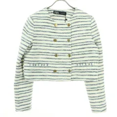 未使用 ZARA ザラ ボーダー バイカラー 長袖 ノーカラージャケット S ホワイト系 レディース 古着