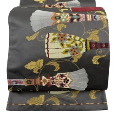 【美品】 袋帯 秀品 花唐草 金糸 刺繍 灰色 六通 正絹 【中古】