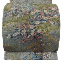 【美品】袋帯 秀品 草花 若松 唐織 金銀糸 水色 六通 正絹 【中古】