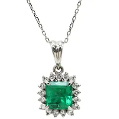 ネックレス エメラルド ダイヤ プラチナシルバー ダイヤモンド グリーン 緑 エメラルドカット 【中古】