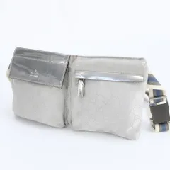 美品 グッチ GGキャンバス 28566 レザー 2WAY ボディバッグ 斜め掛け ウエストポーチ ショルダー シルバー レディース RUM DO21-1【中古】