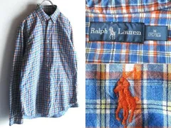 Ralph Lauren ラルフローレン ポロポニーロゴ刺繍 裏シャンブレー ダブルフェイス チェック BDシャツ M ブルー オレンジ 青 橙 国内正規品