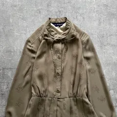 昭和レトロ くすみカーキ 小花柄 リボンネックウエスト切替 長袖ロングワンピース