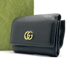 【黒で締める余韻】　GUCCI　三つ折り財布 GGマーモント レザー コンパクトウォレット ゴールド金具 ユニセックス　ブラック
