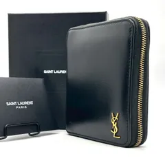 【静かに纏う格】　SAINT LAURENT PARIS　二つ折り財布 YSLロゴ コンパクトウォレット ラウンドファスナー ゴールド金具 レザー　ブラック