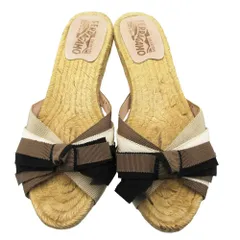 Salvatore Ferragamo フェラガモ リボン ミュール サンダル エスパドリーユ ウェッジソール 7 24.5cm ベージュ レディース 【中古】