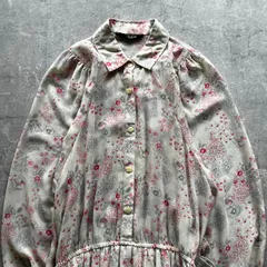 昭和レトロ アイボリーベージュ小花総柄 ロングワンピースくすみピンク×グレー長袖