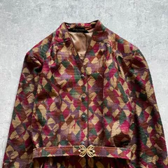 昭和レトロ ボルドー幾何リーフ柄ジャカード調ロングワンピース バックルベルト付き