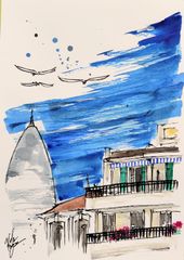 原画#391 黒猫 猫 ニース フランス 空 水彩画 ドローイング ヨーロッパ