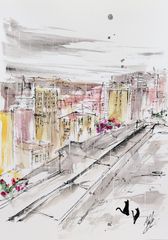 原画#389 黒猫 猫 雨 モナコ 水彩画 ドローイング ヨーロッパ