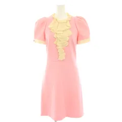 グッチ GUCCI ジャージーフリルワンピース ひざ丈 半袖 パフスリーブ インターロッキングGGロゴボタン 絹 シルク S ピンク 457033 /YT
