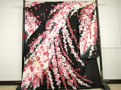 平和屋着物●豪華振袖　駒刺繍　枝垂れ花文　暈し染め　黒地　金彩　正絹　逸品　AABG7960cs