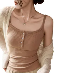 レディース 胸元あき 爆乳キャミソール3色 コットン95％リブニット生地 ボタンをはずす 貧乳爆乳兼用 [Laisve] セクシー谷? 重ね着インナー ベーシックタンクトップ ビスチェ
