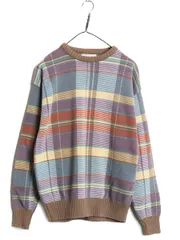 【お得なクーポン配布中!】 80s Tricots St.Raphael  チェック 総柄 コットン ニット セーター メンズ M ヴィンテージ ミドルゲージ 長袖ニット マルチカラー リブ編み