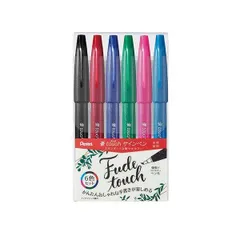 （まとめ） ぺんてる 筆タッチサインペン 6色セットA（ブラック・レッド・ブルー・グリーン・ピンク・スカイブルー） 〔×5セット〕